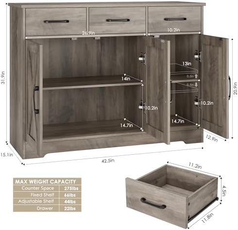 HOSTACK Kitchen Buffet Cabinet with Storage, Sideboard Coffee Bar, Grey