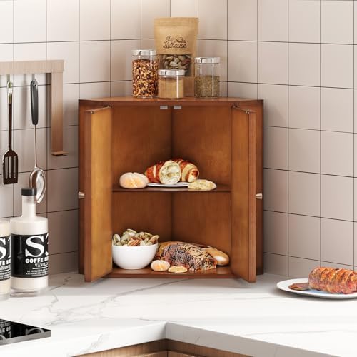 Trironsun Corner Bread Box for Kitchen Counter Double Layer Bamboo Bread Storage Container Large Capacity Bread Storage Bin Farmhouse Breadbox Organizer (Antique Brown)