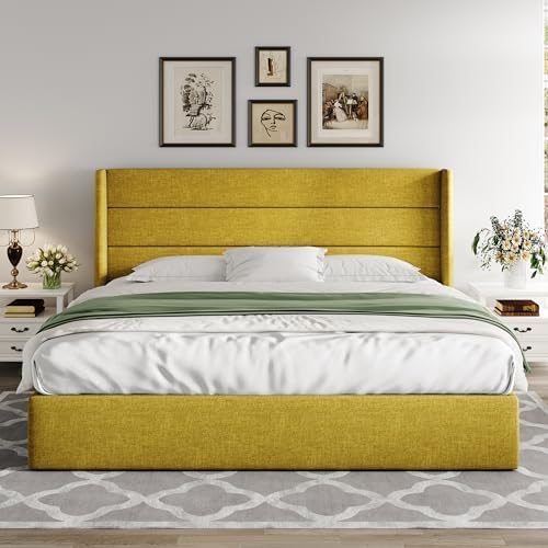 Allewie King Size Lift Up Hydraulic Storage Bed Frame Olive Yellow