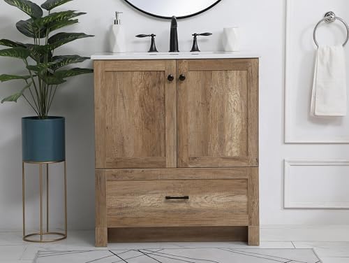 30" Pre-Assembled Bathroom Vanity with Sink, Engineered Wood, Ivory White Engineered Marble Countertop Attached, Single Rectangle Porcelain Sink, 1 Soft-Close Drawers, Natural Oak