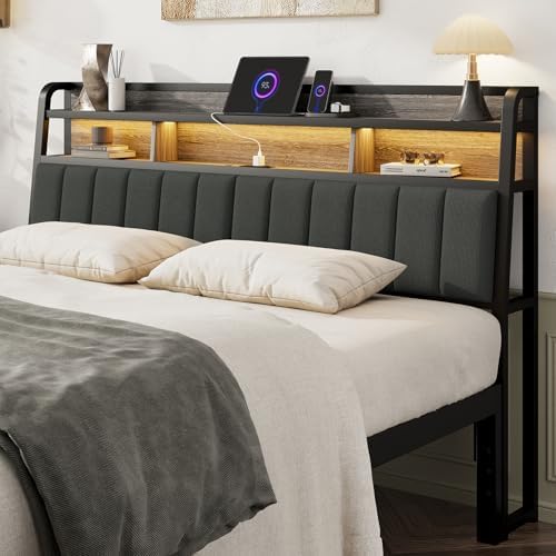 King Headboard Only with Storage, Charging Station, Black & Grey