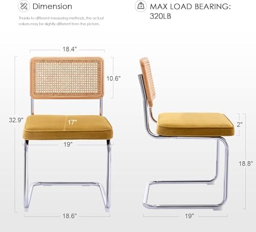 Zesthouse Dining Chairs Set of 4, Natural Rattan Accent Chairs with Solid Wood Back & Stainless Chrome Base, Mid Century Modern Breuer Design Inspired, Upholstered Velvet Kitchen Chairs, Yellow