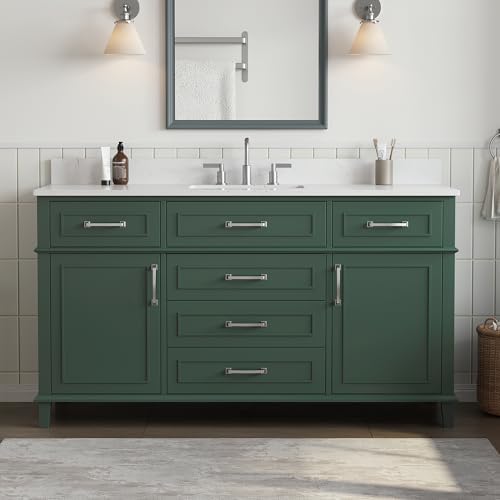 60 Inch Bathroom Vanity Single Sink, Solid Wood, Green | Pre Assembled Freestanding Bathroom Vanities with with 2 Soft Close Doors & 5 Dovetail Drawers, 0.78" Stone Top, Backsplash