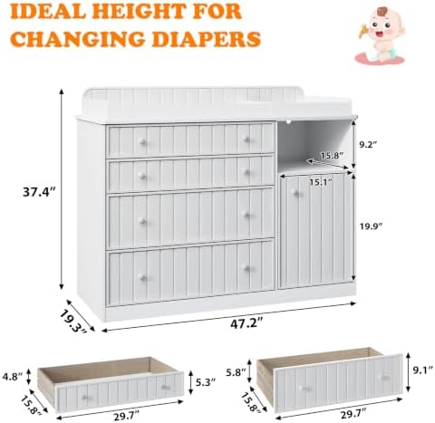 White Changing Table Dresser with 4 Drawers, Baby Nursery Diaper Table