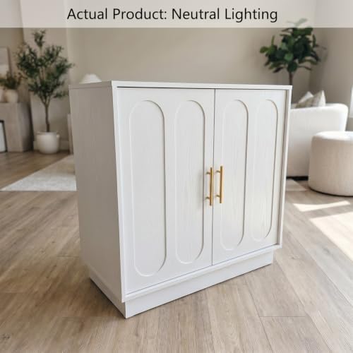 holzart 31.5" Modern Farmhouse Storage Cabinet, White 2 Door Sideboard Buffet with Gold Handles, Fluted Wood Accent Credenza for Entryway, Living Room, Coffee Bar, Home Office