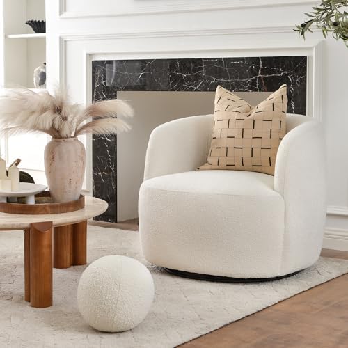 KINWELL 34" W Boucle Swivel Barrel Chair with Toss Pillow, Beige