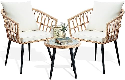 PORWEY 3 Piece Patio Bistro Set, Outdoor Wicker Balcony Furniture Sets