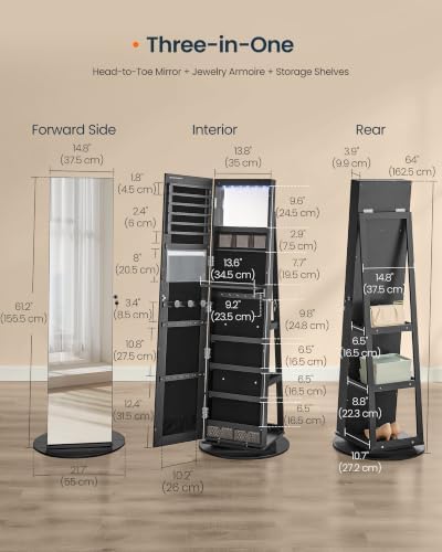 SONGMICS HOME Standing Jewelry Armoire, Full Length Mirror with Storage | Lockable Jewelry Cabinet with 6 LED Lights, Floor Mirror, Built-in Vanity, Black Surface, Black Lining UJJC007B01SH