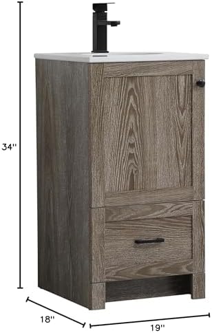 18" Pre-Assembled Bathroom Vanity with Sink, Engineered Wood, Ivory White Engineered Marble Countertop Attached, Single Oval Porcelain Sink, 1 Soft-Close Drawers, Weathered Oak