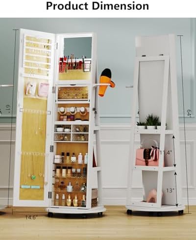 Full Length Mirror with Jewelry Storage, 360° Rotating Jewelry Armoire Organizer with Lights, Lockable Mirror Jewelry Cabinet Standing, Jewelry Mirror Cabinet for Gifts (White)