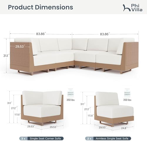 PHI VILLA 5 Piece Wicker Patio Sectional Furniture Set 8.7" Thick Cushions