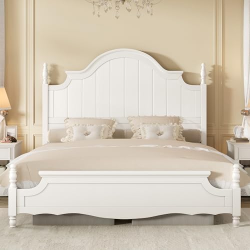 AMERLIFE King Solid Wood Poster Bed with Arched Headboard, White
