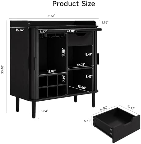 ONBRILL Fluted Bar Cabinet with Storgae, Wine Cabinet, 33" H, Black