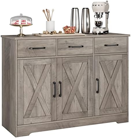HOSTACK Kitchen Buffet Cabinet with Storage, Sideboard Coffee Bar, Grey