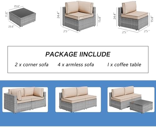 Shintenchi 7 Piece Outdoor Patio Furniture Set with Silver PE Rattan, Khaki