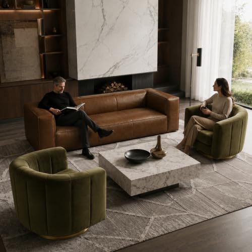 3-Piece Living Room Set, Genuine Leather Sofa + 2 Swivel Chairs
