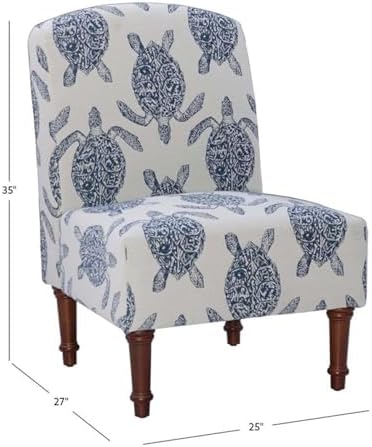 Linon Hawksbill Upholstered Turtle Print Armless Accent Chair in Blue & Cream