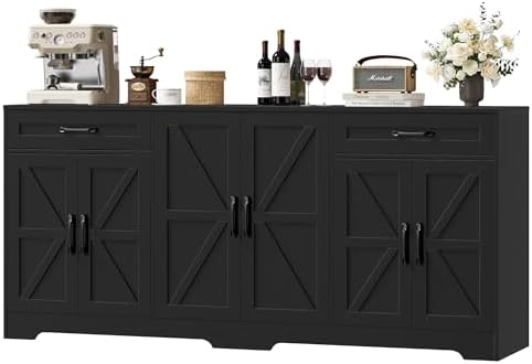 BOTLOG 71” Large Sideboard Buffet Cabinet with Storage, Farmhouse Kitchen Buffet Cabinet with Adjustable Shelves and 6 Barn Doors, Wood Coffee Wine Bar Console Table for Kitchen, Dining Room, Black