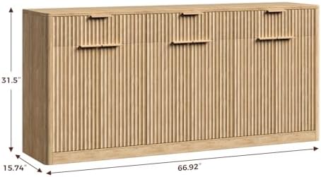 Evermagin 67" Fluted Oak Sideboard Buffet Cabinet with 3 Drawers
