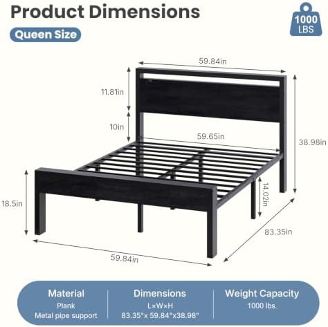 Sweetcrispy 14 Inch Queen Size Metal Bed Frame with Wood Headboard, Black