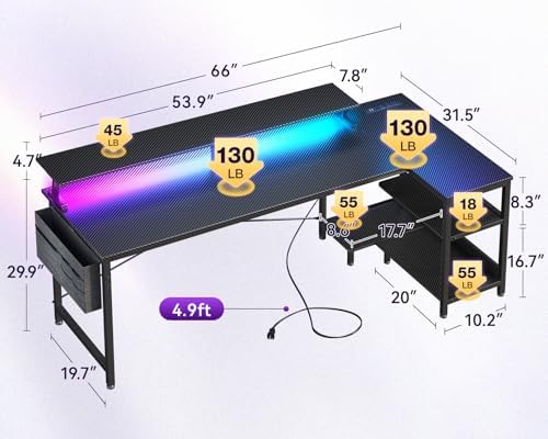 ODK 66 Inch L Shaped Gaming Desk with LED Lights, Power Outlets, Black