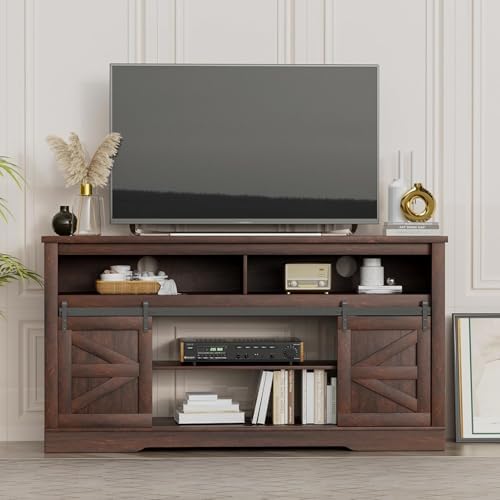 YESHOMY Farmhouse Fireplace TV Stand for TVs up to 65+ Inch, Dark Brown
