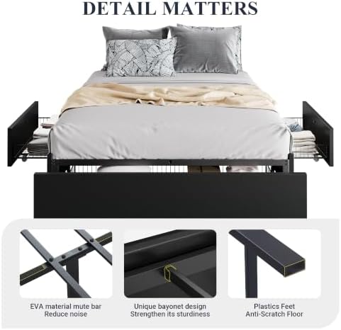 Allewie Queen Size Platform Storage Bed Frame with 3 Drawers, Black