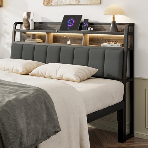 Queen Headboard Only with Storage, Charging Station, Black & Grey