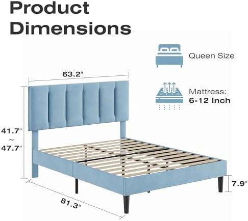 VECELO Queen Size Bed Frame with Upholstered Headboard, Light Blue