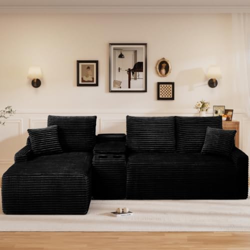 95" L Shaped Cloud Couch Modular Sectional Sofa, Comfy Fluffy Corduroy Black Boneless Sectional Couches for Living Room, Modern Cloud Sofas with Cup Holders & Left Facing Chaise, Black