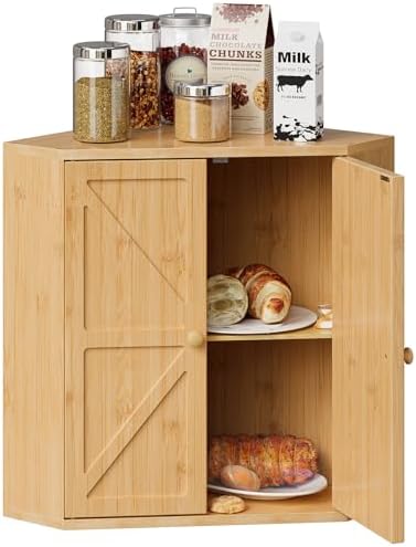 Trironsun Corner Bread Box for Kitchen Counter Double Layer Bamboo Bread Storage Container Large Capacity Bread Storage Bin Farmhouse Breadbox Organizer (Bamboo Natural)