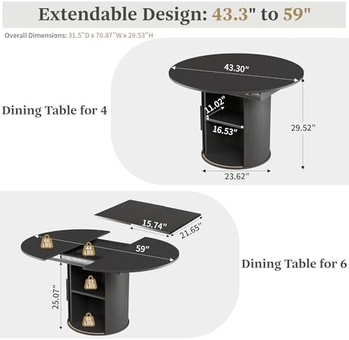 weselon 43"-59" Extendable Round to Oval Dining Table with Hidden Storage, Modern Wooden Kitchen Table with Fluted Sliding Door Cabinet, Expandable Dinner Table for Dining Room Living Room (Black)