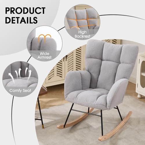 Nursery Rocking Chair, Teddy Upholstered Glider Chair with Thick Cushion, Tufted Gliding Rocker Chair with Wood Leg, Cozy Rocking Armchair, Accent Rocking Chair for Living Room (Light Gray)