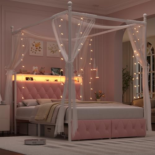 HIFIT Queen Size LED Canopy Bed Frame with Storage & Charging Station, Pink