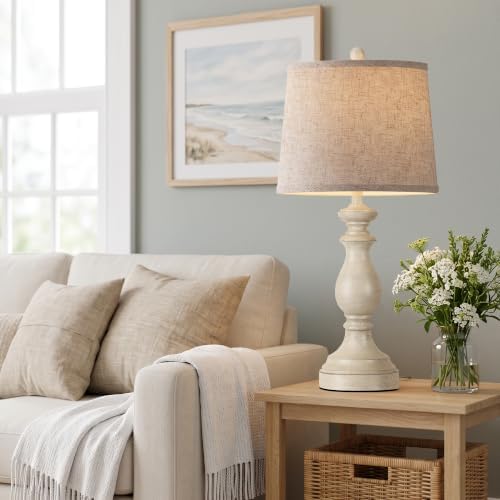 PARTPHONER Traditional Table Lamp Set of 2, Rustic Farmhouse Table Lamps for Living Room Bedroom, 27" Bedside Desk Lamps Vintage Nightstand Lamps with Linen Shades, Antique White