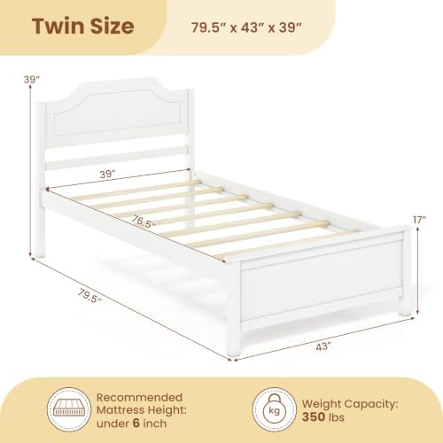 GIANTEX Twin Size Wooden Bed Frame with Headboard, Wood Slat Support