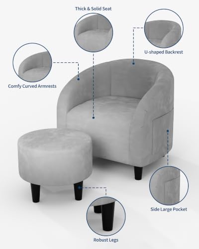GarveeHome Chair and Ottoman Set, Modern Velvet Barrel Armchair for Living Room, Comfortable Side Chair with Footrest for Apartment Small Space, Grey
