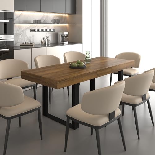 63" - 79" Extendable Dining Room Table, Expandable Kitchen Table for 6 to 10 People, Modern Wood Conference Table, Large Farmhouse Dining Table(Brown & Black, Double-U Base)