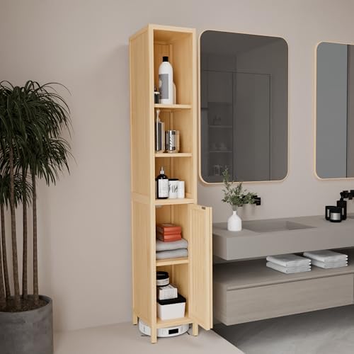 65" Tall Bamboo Storage Cabinet, Slim Freestanding Bathroom Cabinet with 4 Interior Shelves & Open Storage Compartment, Narrow Organizer for Bathroom, Bedroom, Living Room, Laundry Room, Natural