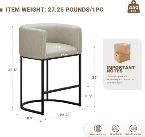26" H Counter Height Bar Stools Set of 4, Modern Barrel Counter Stools with Backrest and Arms, Faux Leather Upholstered Accent Barstools for Kitchen Island,Support 450 LBS (Grayish White)