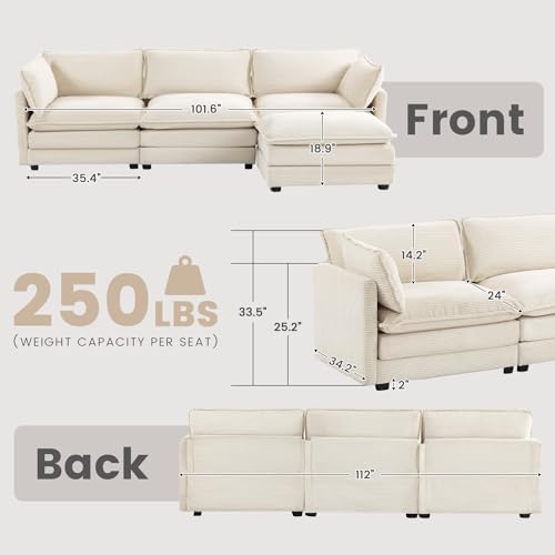 ROWHY 112'' Modular Sectional Cloud Couch with Movable Ottoman, 4 Seat Modern Corduroy Sofa, Deep Seat L Shaped Couch for Living Room Bedroom Apartment, Beige