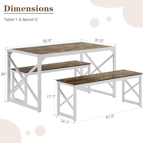 VECELO 55” Kitchen Dining Table Set for 4, Heavy-Duty Steel Frame & Wood-Grain Tabletop, Space-Saving Dinette Sets with 2 Benches for Breakfast Nook and Small Space, Drak Brown