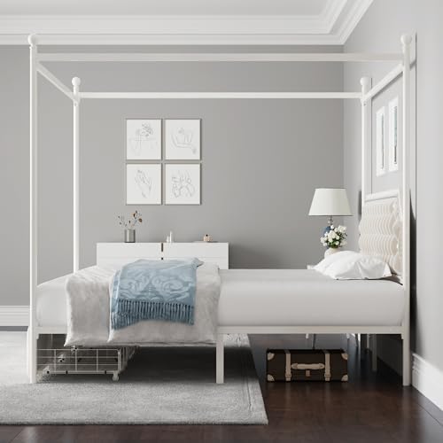 Keyluv King Upholstered Canopy Bed Frame with 3 Storage Drawers & Button Tufted Headboard, Metal Platform Bed with 4 Removable Posts, Two-Purpose Velvet Bed, Beige/Curtain Not Included