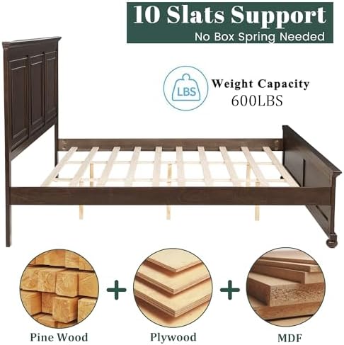 Mirightone King Size Platform Bed with Tall Headboard & Footboard, Pinewood King Bed Frame with Wood Panel Bed Base, No Squeak, No Box Spring Needed, Traditional Style, Brown