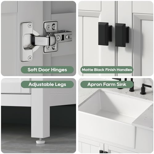 36 Inch White Bathroom Vanity with Sink, Solid Wood | Farmhouse Pre Assembled Vanity Bathroom with Soft Closing Doors, Vanity for Bathroom, Apron Farm Sink