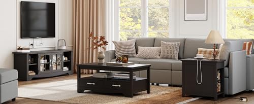 LINSY HOME Living Room Table Sets 4 Piece with TV Stand, Farmhouse TV Stand for 65 Inch TV, Coffee Table with Drawers, Two End Table with Charging Station, Black