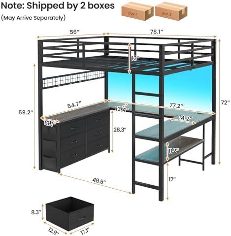 ADORNEVE Loft Bed Full Size with U-Shaped Desk, 6 Storage Drawers, Grey