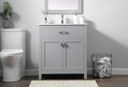 30" Pre-Assembled Bathroom Vanity with Sink, Engineered Wood, Calacatta White Engineered Marble Countertop Attached, Single Rectangle Porcelain Sink, Grey