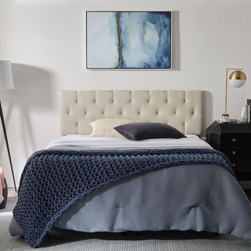 Lucid Mid-Rise Upholstered Headboard - Diamond Tufted - Padded Polyester - Adjustable Height from 34” to 46” - Easy Assembly - Bed Frame or Wall Mount - Sturdy - Pearl - King / Cal King Size