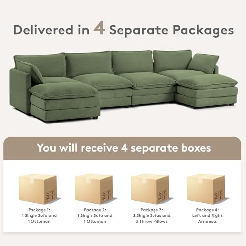 ROWHY 148'' Modular Sectional Cloud Couch with 2 Movable Ottomans, Oversized 6 Seat Modern Corduroy Sofas, Deep Seat U Shaped Couch for Living Room Bedroom Apartment,Green